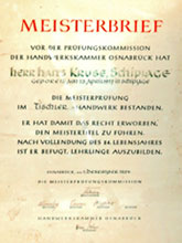 Meisterbrief von 1954 Tischlerei Kruse aus Melle OT St. Annen