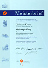 Meisterbrief von 2001 Tischlerei Kruse aus Melle OT St. Annen